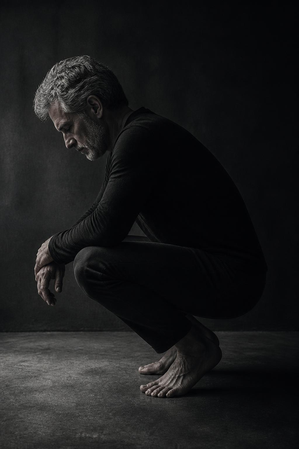 Side-lit study of a man holding a deep squat against a dark ground